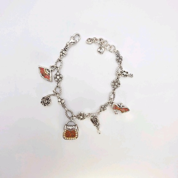 Brighton Jewelry - BRIGHTON Victoriana Charm Bracelet Floral Heels Purse Fan Resin Sliver Plate 8"